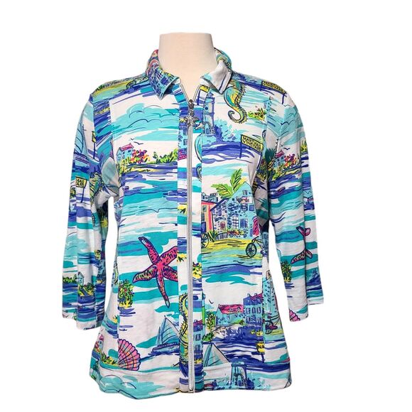 Onque Tops - Onque Casual Shirt Sz L Martha’s Vineyard Jacket Multi Color Nantucket Print Zip
